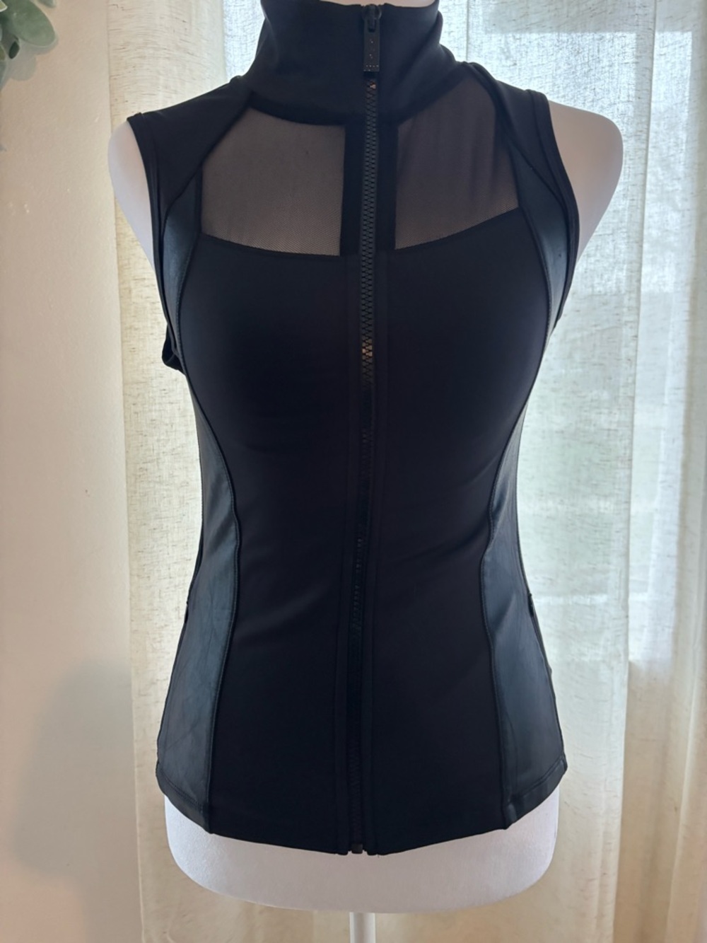 Y2K Black Sleeveless Zip-Front Women's Top with Mesh Yoke- Made in the USA